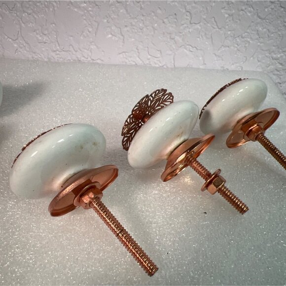 Decorative Ceramic & Metal Drawer Knobs Cabinet Pulls Set Of 6 White & Rose Gold - Picture 7 of 9